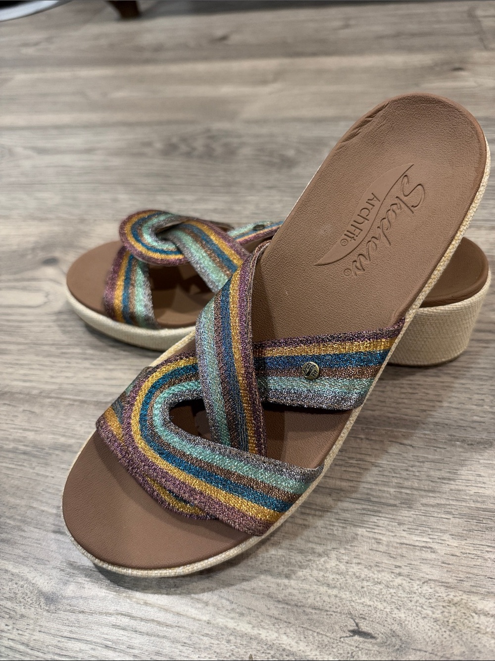 Skechers Multistripe Glitter Crossband Slide Sandals in Brown